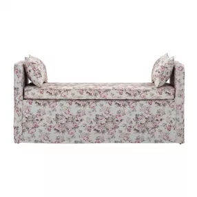 Red and black upholstered linen floral bench with armrests