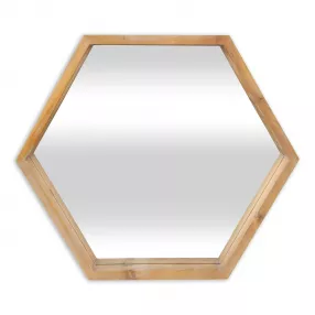 Natural wood finish hexagonal wall mirror showcasing symmetry and parallel lines in a picture frame style
