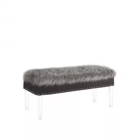 42" Gray and Clear Upholstered Faux Fur Bench with Flip top