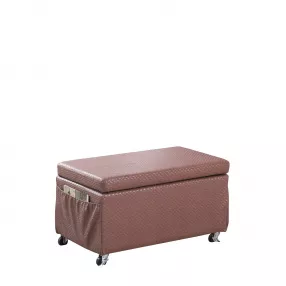 Brown faux leather ottoman with storage and hardwood accents