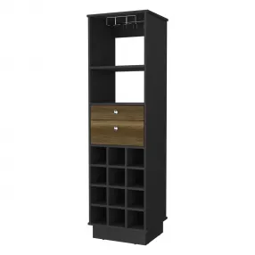 Black bar cabinet with drawers featuring wood shelving and rectangle design
