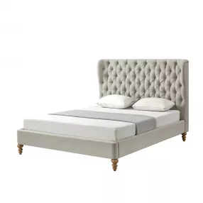 Beige Solid Wood Queen Tufted Upholstered Linen Bed