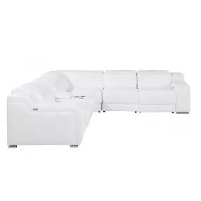 White Italian Leather Power Reclining Curved Six Piece Corner Sectional With Console