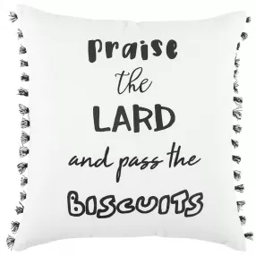 White Praise Lard Tasseled Throw Pillow with Elegant Handwriting Pattern