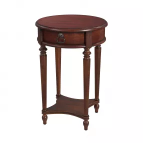 26" Cherry Solid And Manufactured Wood Round End Table With Drawer And Shelf