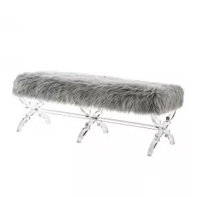 48" Gray And Clear Upholstered Faux Fur Bench