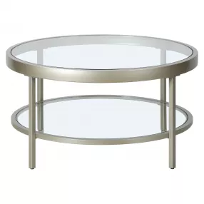32" Silver Glass And Steel Round Coffee Table With Shelf