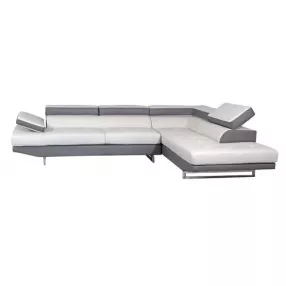White leather L-shaped corner sectional couch with modern studio couch design and wooden accents