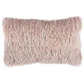Long blush pink shag throw pillow with woolen texture and beige tree pattern
