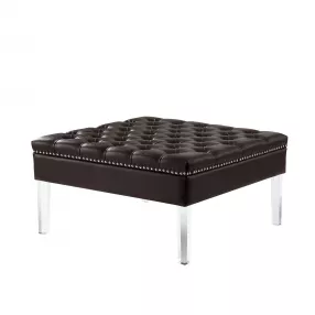 35" Espresso Faux Leather And Clear Cocktail Ottoman