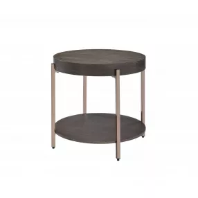 23" Champagne Metal And Dark Oak Manufactured Wood Round Two Tier End Table