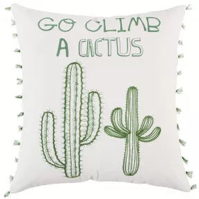 White and green climb cactus design throw pillow with handwritten style text on a textile surface
