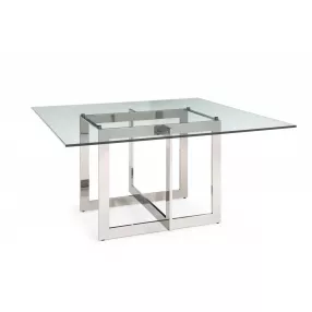 59" Clear And Gun Metal Square Glass And Stainless Steel Dining Table