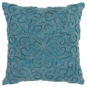 Floral patterned heavy textural throw pillow in brown and azure with intricate textile design