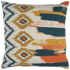 Blue mustard ikat pattern throw pillow with aqua beige textile art