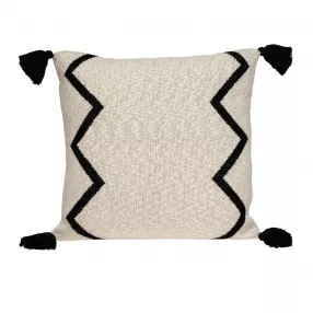 Patterned square accent throw pillow with tassels and line art design home accessory