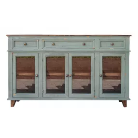 Green solid manufactured wood distressed credenza with shelves drawers and cabinetry