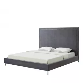 Gray Solid Wood King Upholstered Velvet Bed with Nailhead Trim