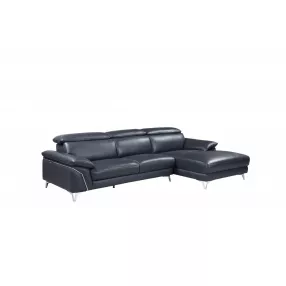 Navy Blue Italian Leather L Shaped Two Piece Sofa and Chaise Sectional