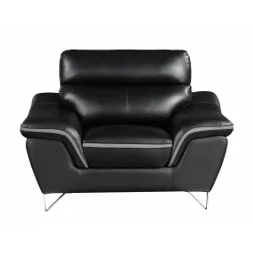 Black Leather Match Solid Color Pillow Top Arms Silver Legs