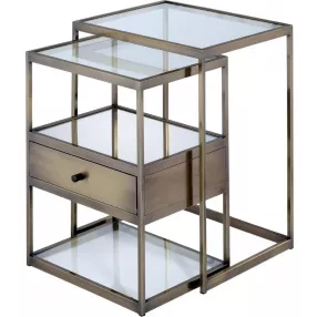 26" Antique Brass And Clear Glass Mirrored End Table With Two Shelves