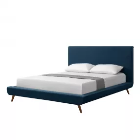 Denim Blue Solid Wood Queen Upholstered Linen Bed