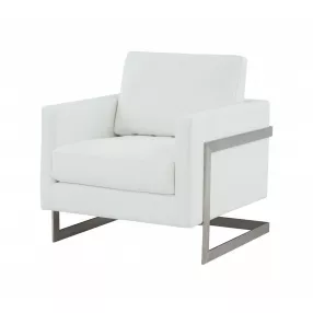 White and black faux leather accent chair with armrests and wooden details for modern home decor