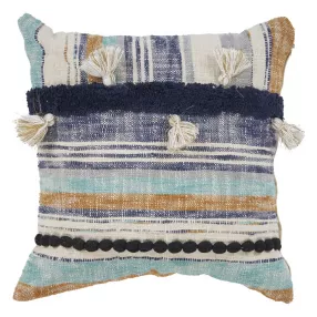 18" X 18" Blue and Beige Patchwork Cotton Zippered Pillow With Tassels