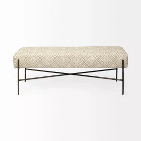 17" Cream and Black Upholstered Cotton Blend Geometric Bench