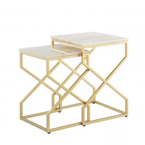 Set of Two 22" Gold and White Marble Nested Tables