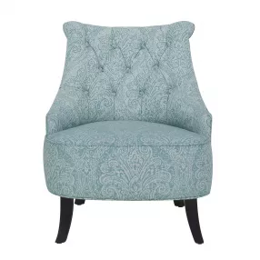 28" Shades Of Aqua And Brown Polyester Blend Damask Wingback Chair