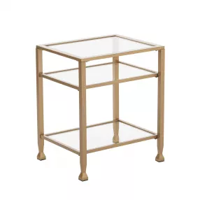 24" Gold Glass And Iron Rectangular End Table With Two Shelves