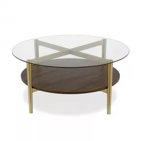 36" Gold Glass And Steel Round Coffee Table With Shelf