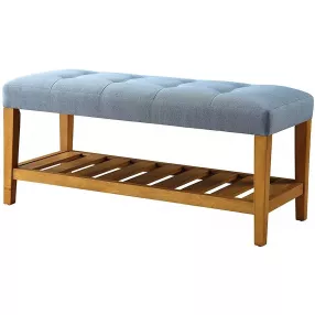 40" Blue and Brown Upholstered Polyester Bench with Shelves