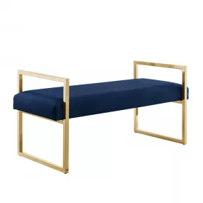 48" Navy Blue and Gold Upholstered Velvet Bench