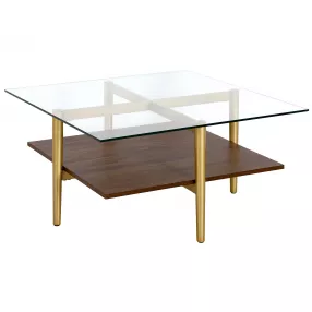 32" Brown And Gold Glass And Steel Square Coffee Table With Shelf