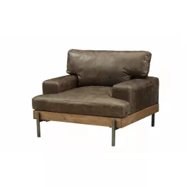 Chocolate gray faux leather chair with armrests for comfortable seating and hardwood accents