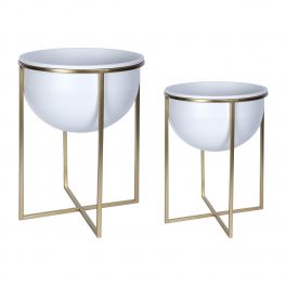 Set Of Two White And Gold Metal Planters