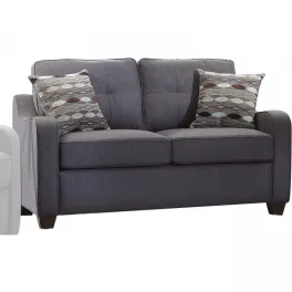 Gray linen love seat with brown accents comfortable outdoor studio couch furniture