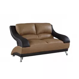 Brown silver faux leather love seat with wood armrests and comfortable rectangle cushion