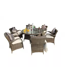 Brown outdoor dining set with washed cushion on chair and wood table with flowerpot