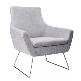 pale grey upholstered armchair with armrests for comfortable seating in modern furniture design