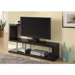 hollow core silver metal tv stand with shelving and houseplants in modern interior design
