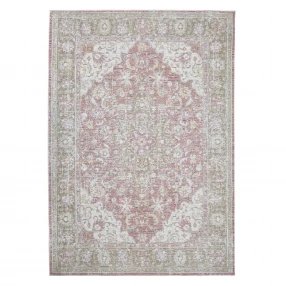 coral medallion power loom area rug with beige pattern and symmetrical design