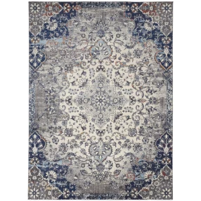 8' X 11' Ivory Gray And Blue Floral Power Loom Distressed Stain Resistant Area Rug