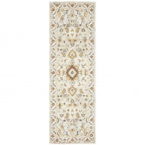 tufted handmade stain resistant runner rug with gold and beige motif pattern