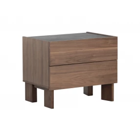 Brown gray faux marble drawer nightstand with wood stain finish and hardwood construction