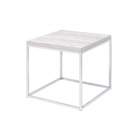 24" Chrome And White Oak Manufactured Wood And Metal Square End Table