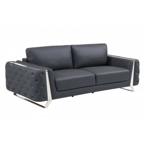90" Gray Italian Leather Sofa With Silver Legs