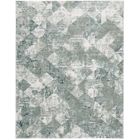 10' X 13' Green And Ivory Patchwork Distressed Stain Resistant Area Rug